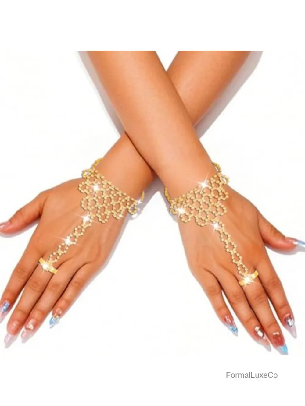 Gold Rhinestone Fingerless Gloves Bridal Wedding Gloves Crystal Prom Hand Chain